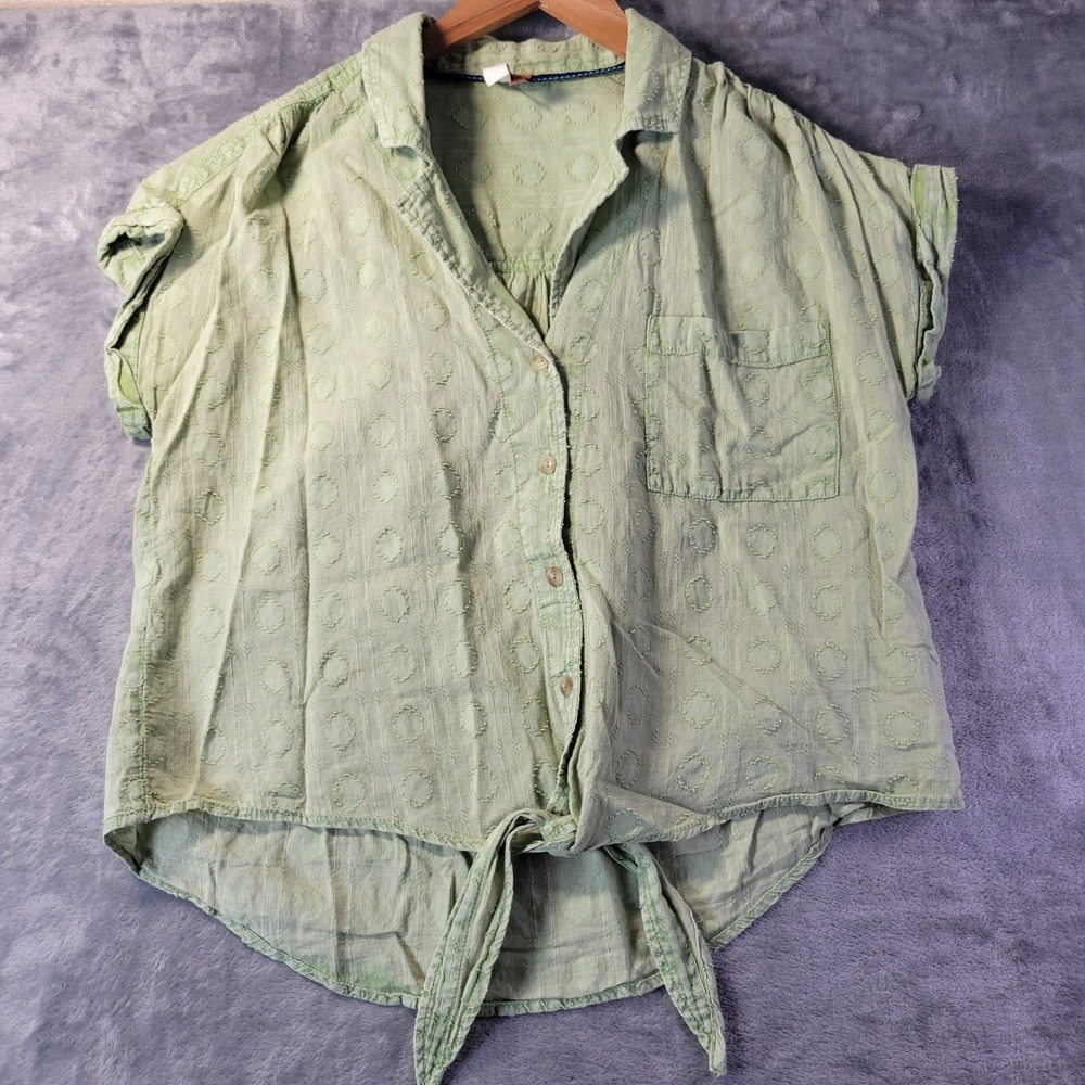 Pilcro Anthropologie Womens M Green Tie Front Cotton Short‎ Sleeve Blouse